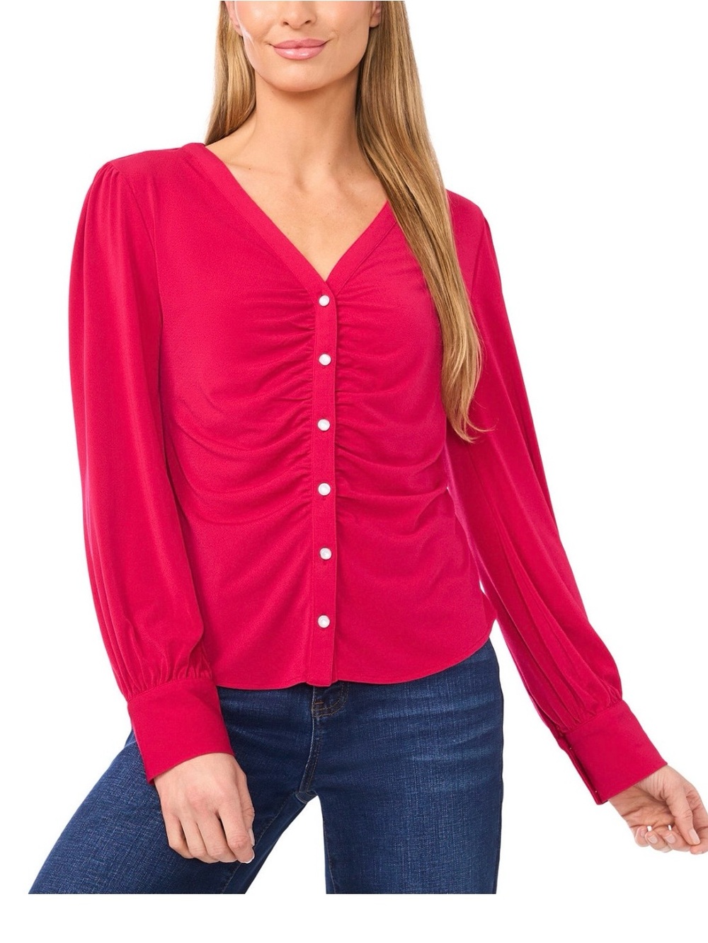 CeCe Ruching V‑Neck Button Front Blouse in Fuchsia
